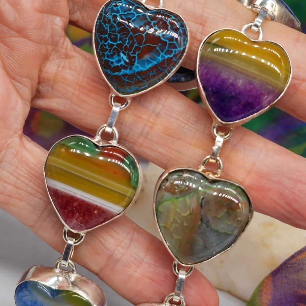 Vintage Jewelry Sterling Silver 925 Necklace Genuine Agate Stones Heart - Picture 4 of 15
